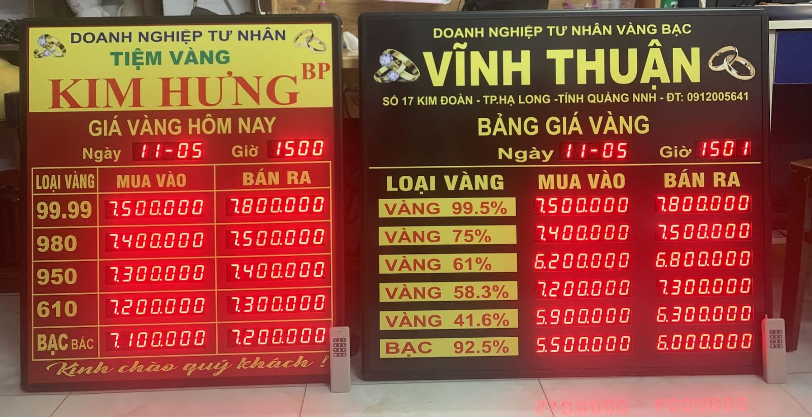 Bảng led tỷ giá vàng điện tử hôm nay tại tiệm vàng