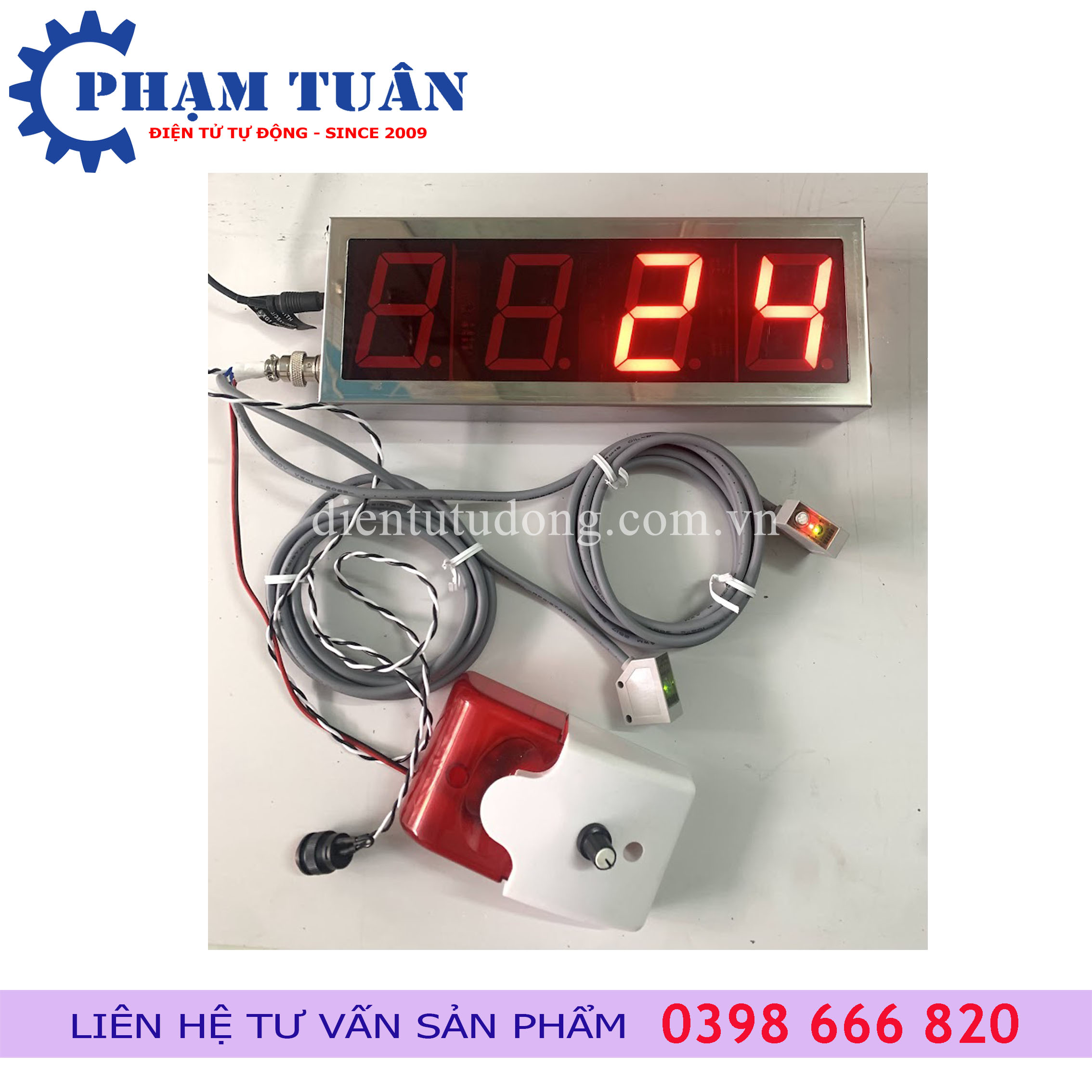 Bộ đếm sản phẩm 4 số - cảm biến quang- cài đặt đếm đủ số lượng báo chuông-reset 0