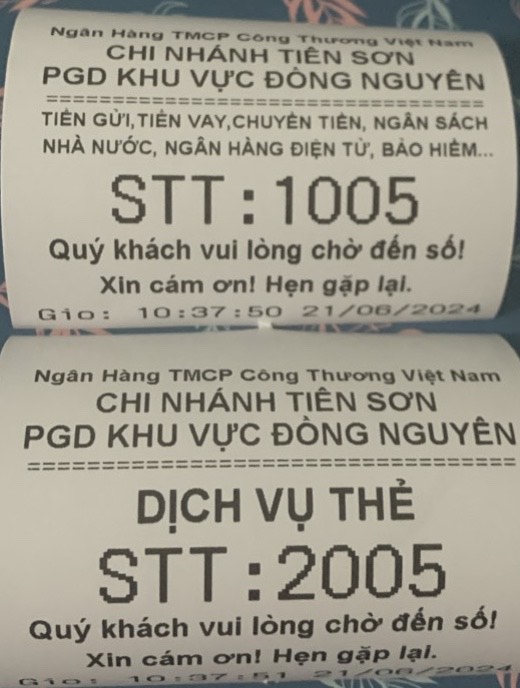 Mẫu phiếu in số thứ tự tại ngân hàng viettinbank Bắc Ninh.